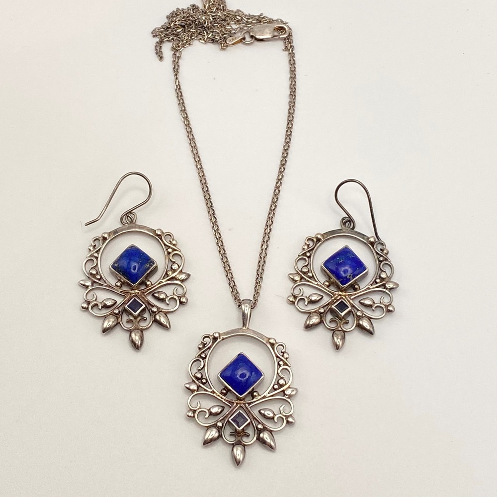 CA Italy 925 Sterling Silver Necklace Set Boho Blue Lapis Statement 21"